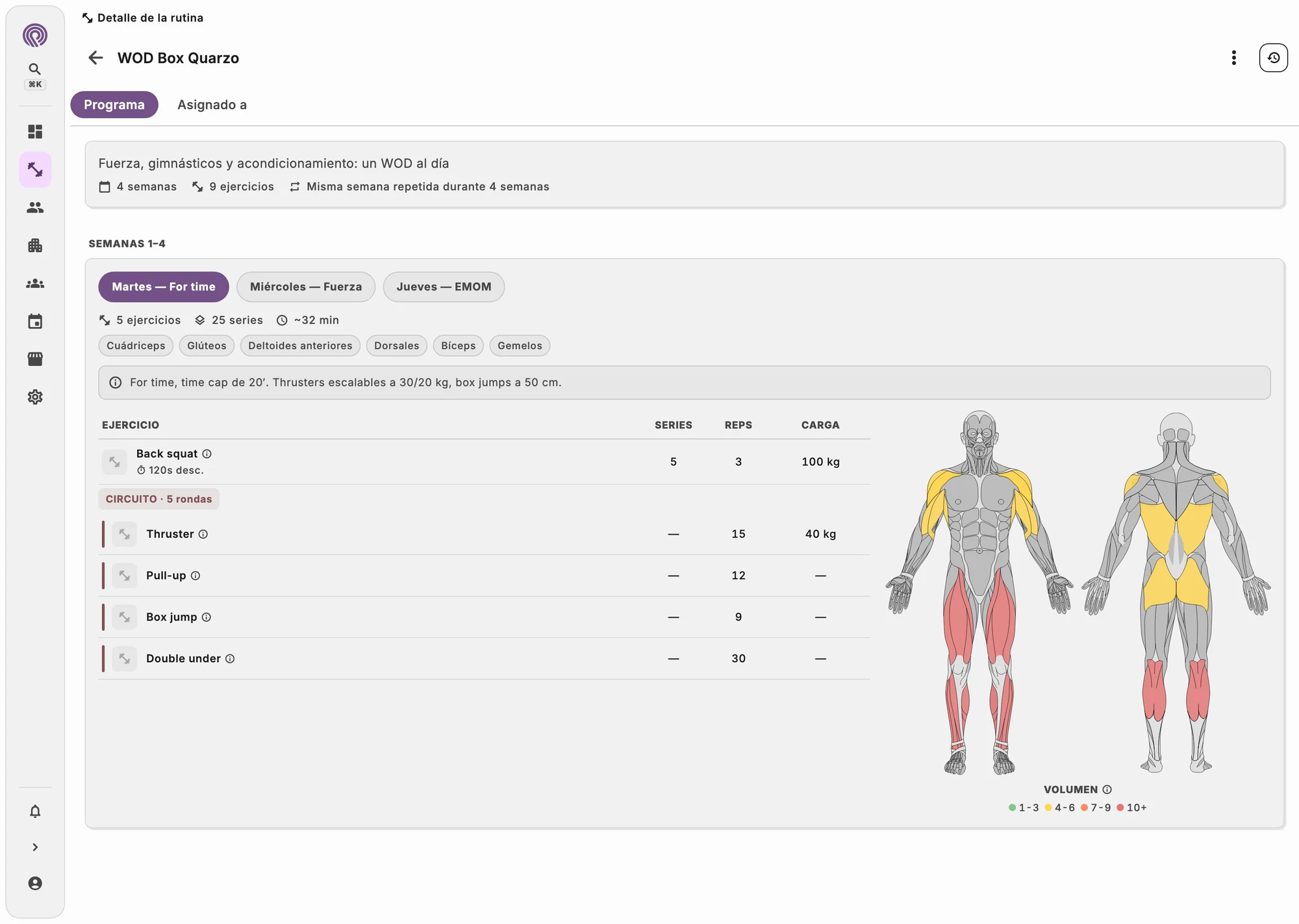Editor del WOD del día con movimientos, cargas y tiempos