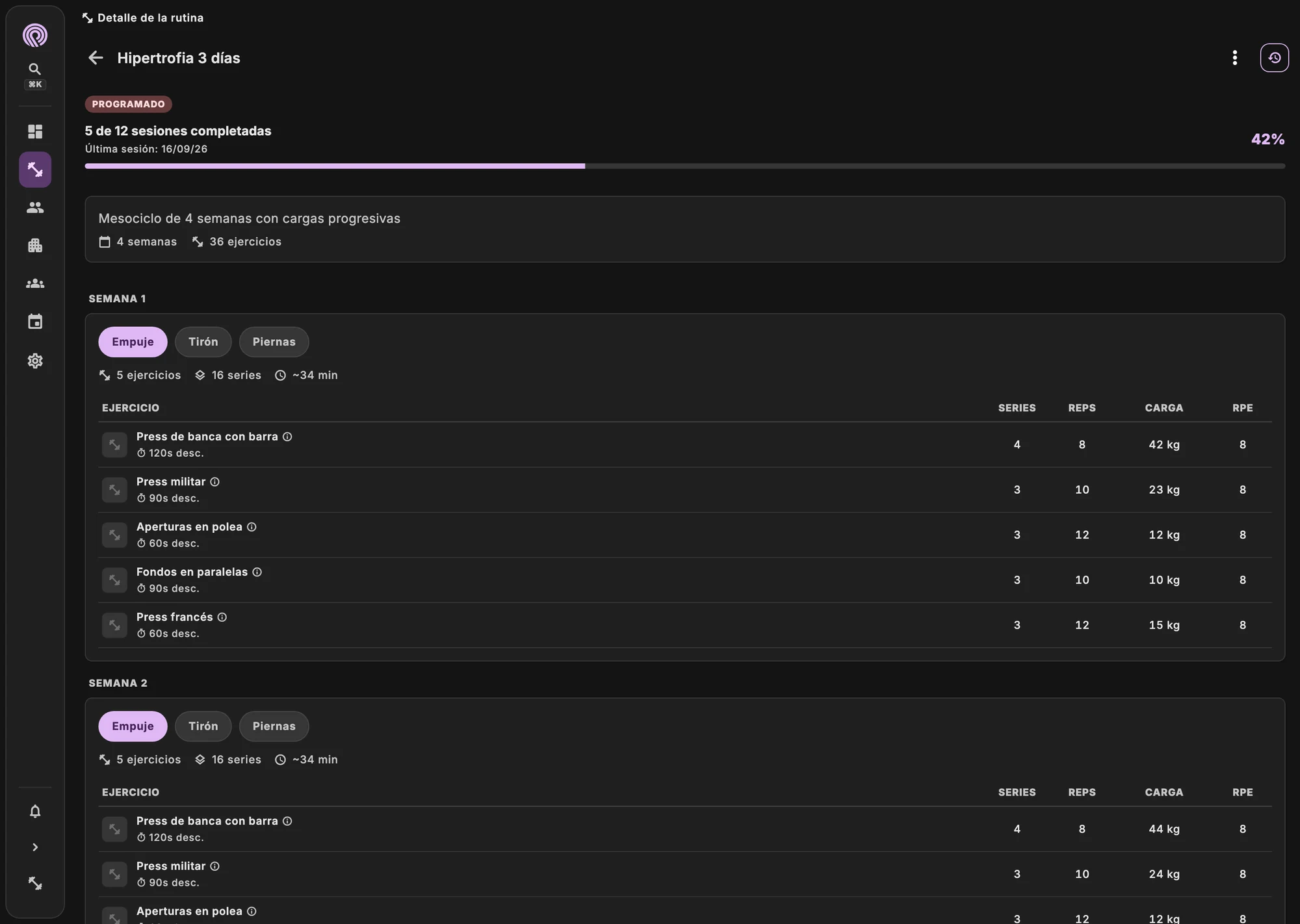 Editor del plan de entrenamiento con ejercicios, series y cargas