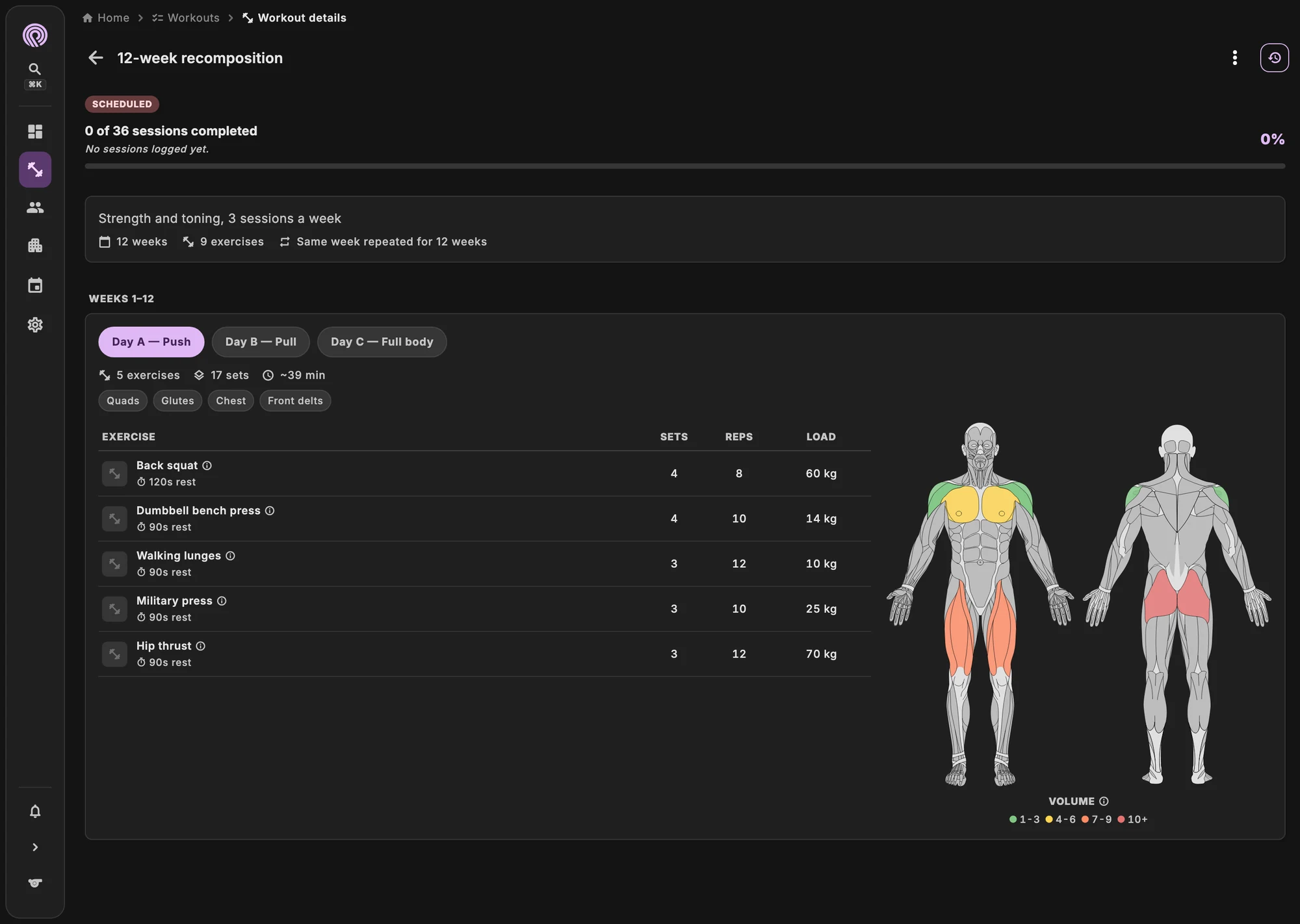 Plan editor with exercises, sets, loads and rest times