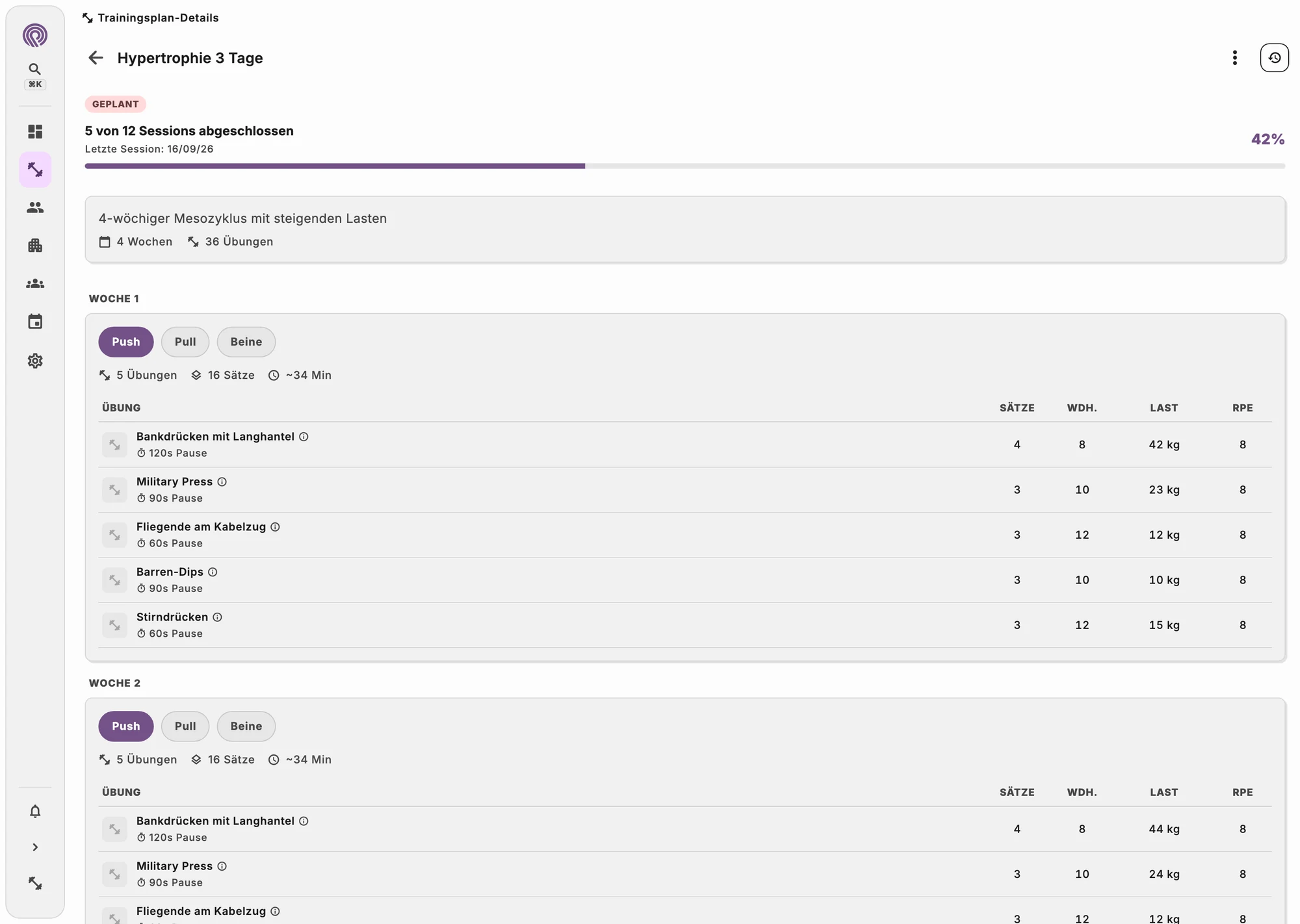 Trainingsplan-Editor mit Übungen, Sätzen und Gewichten