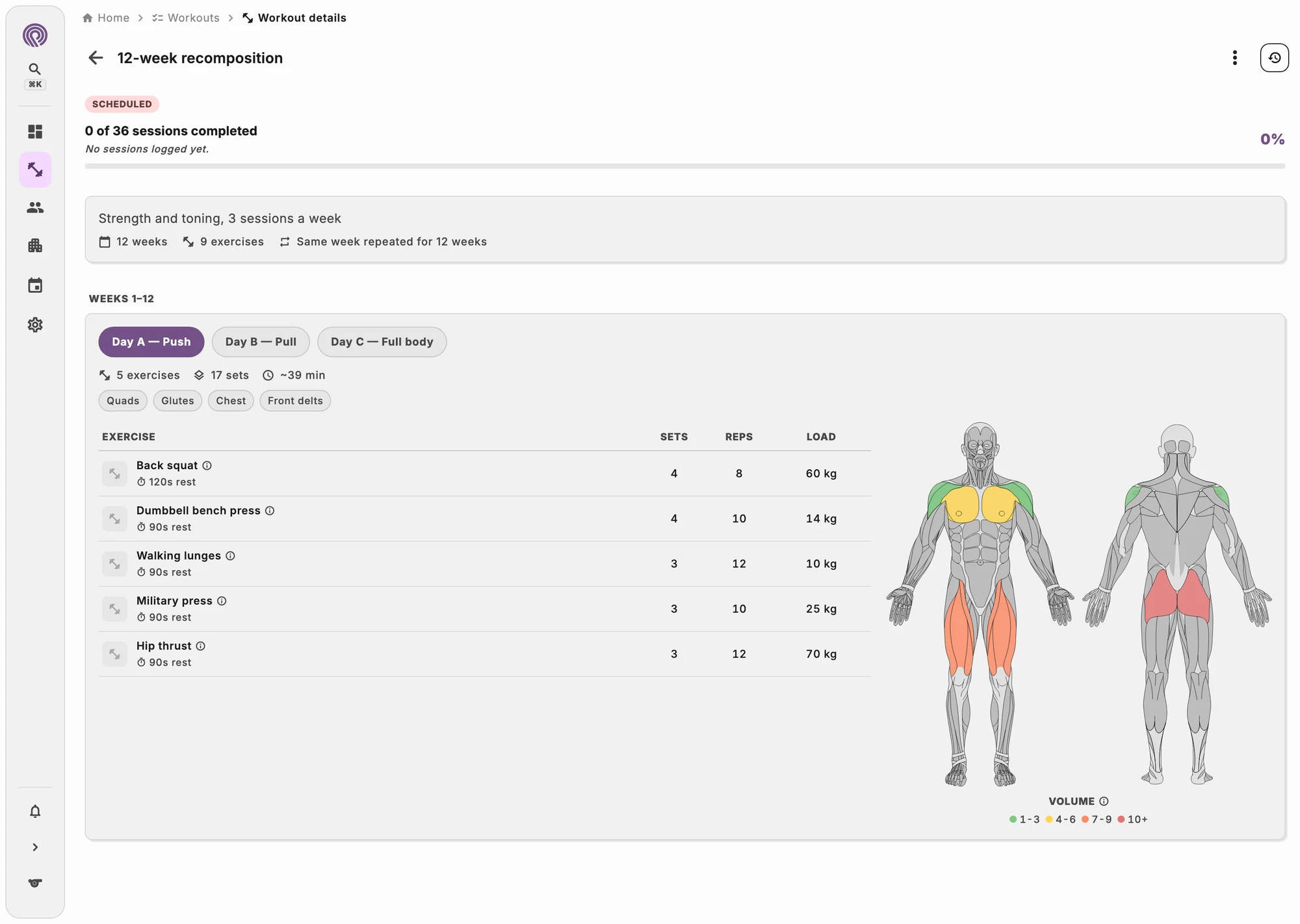 Plan editor with exercises, sets, loads and rest times