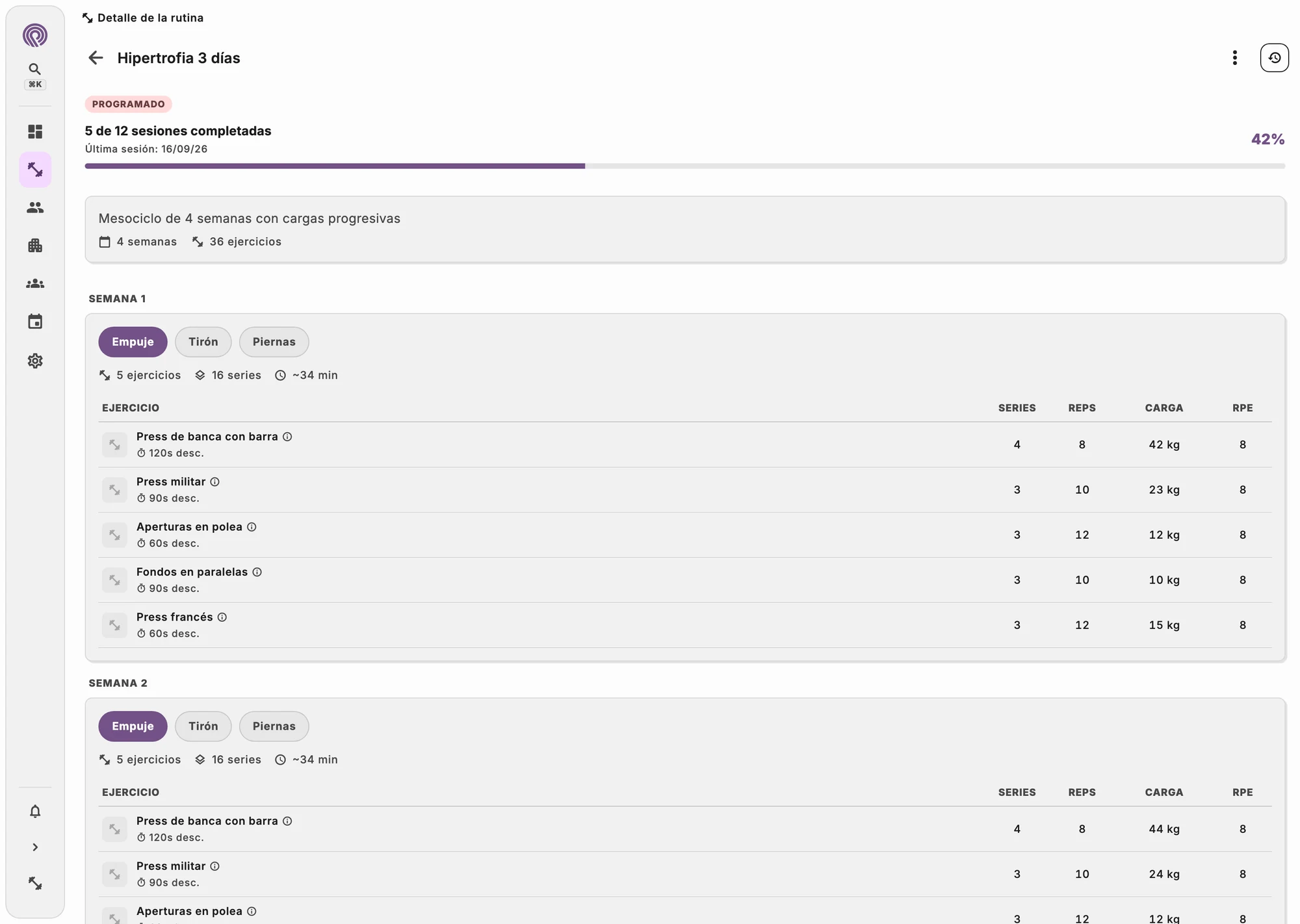Editor del plan de entrenamiento con ejercicios, series y cargas